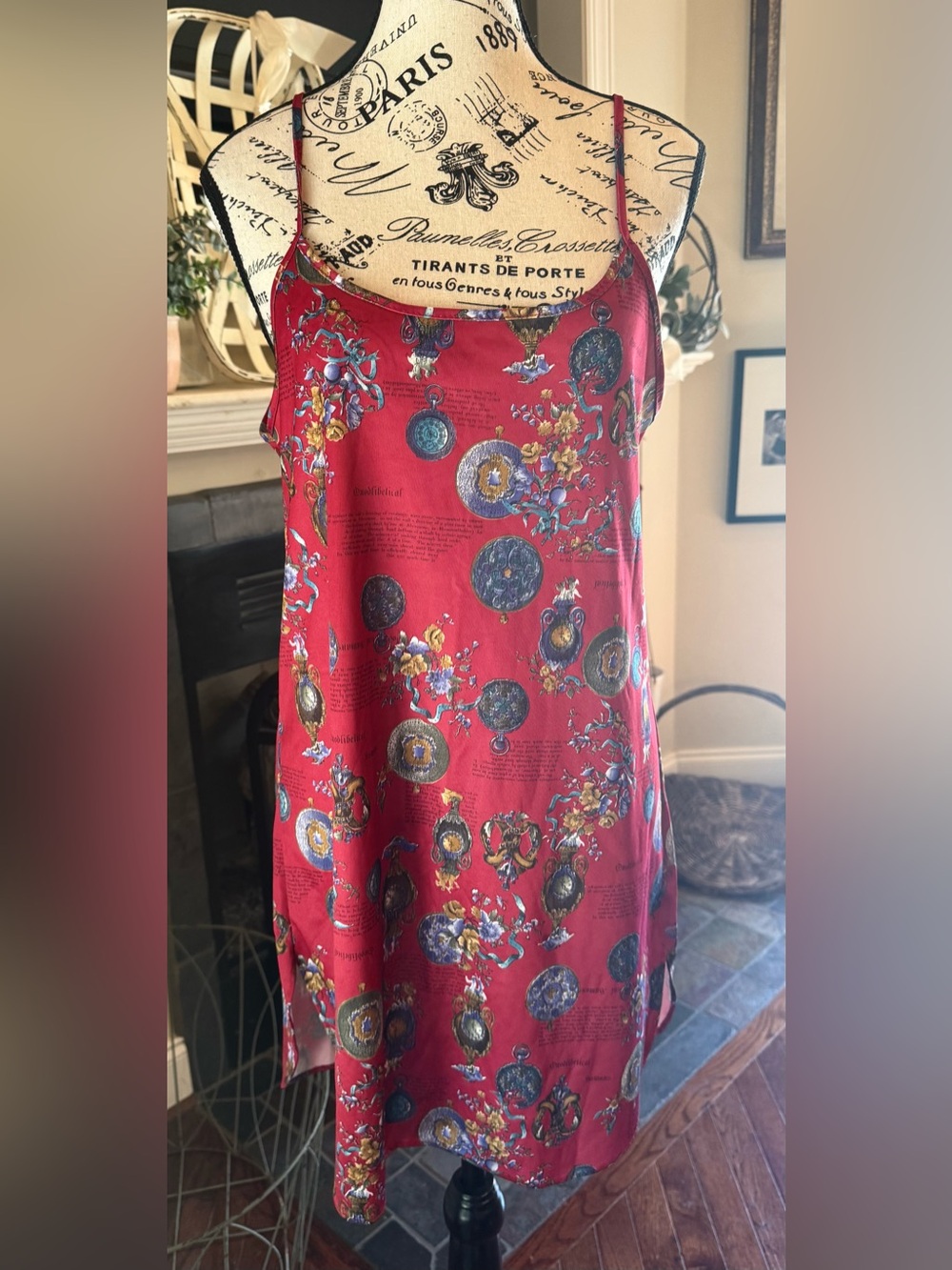 Vintage 90s Petra Fashions Red Baroque Clock
Print Satin Slip or Cami Dress USA